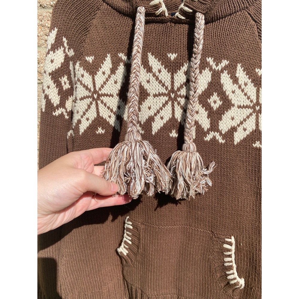 Vintage Y2K Fair Isle Snowflake Knit Brown Hoodie Sweater Tassels Large Cabin - Picture 2 of 6